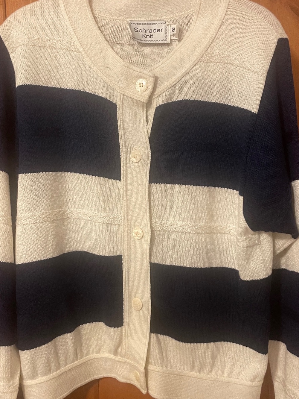 Vintage Schrader Knit Navy Cream Striped Nautical Cable Knit Cardigan 12